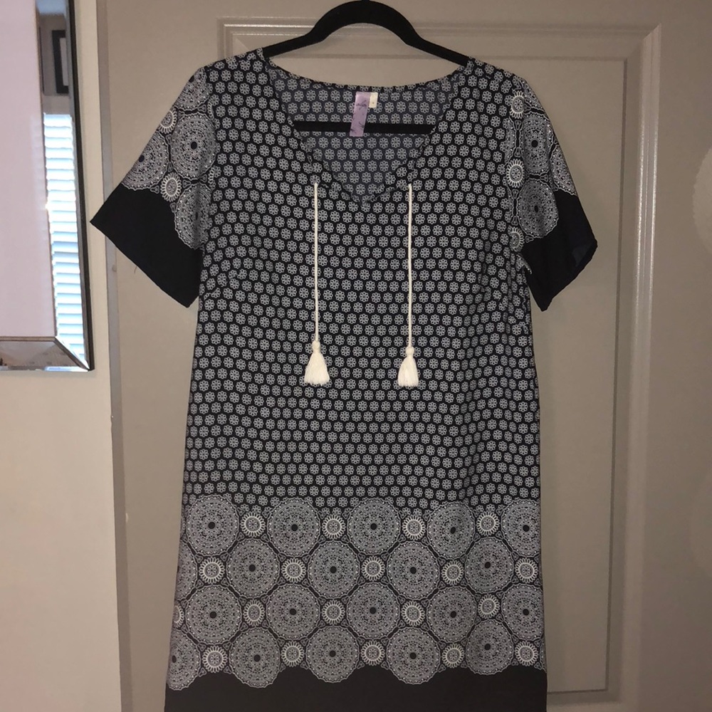 white and navy printed mini dress